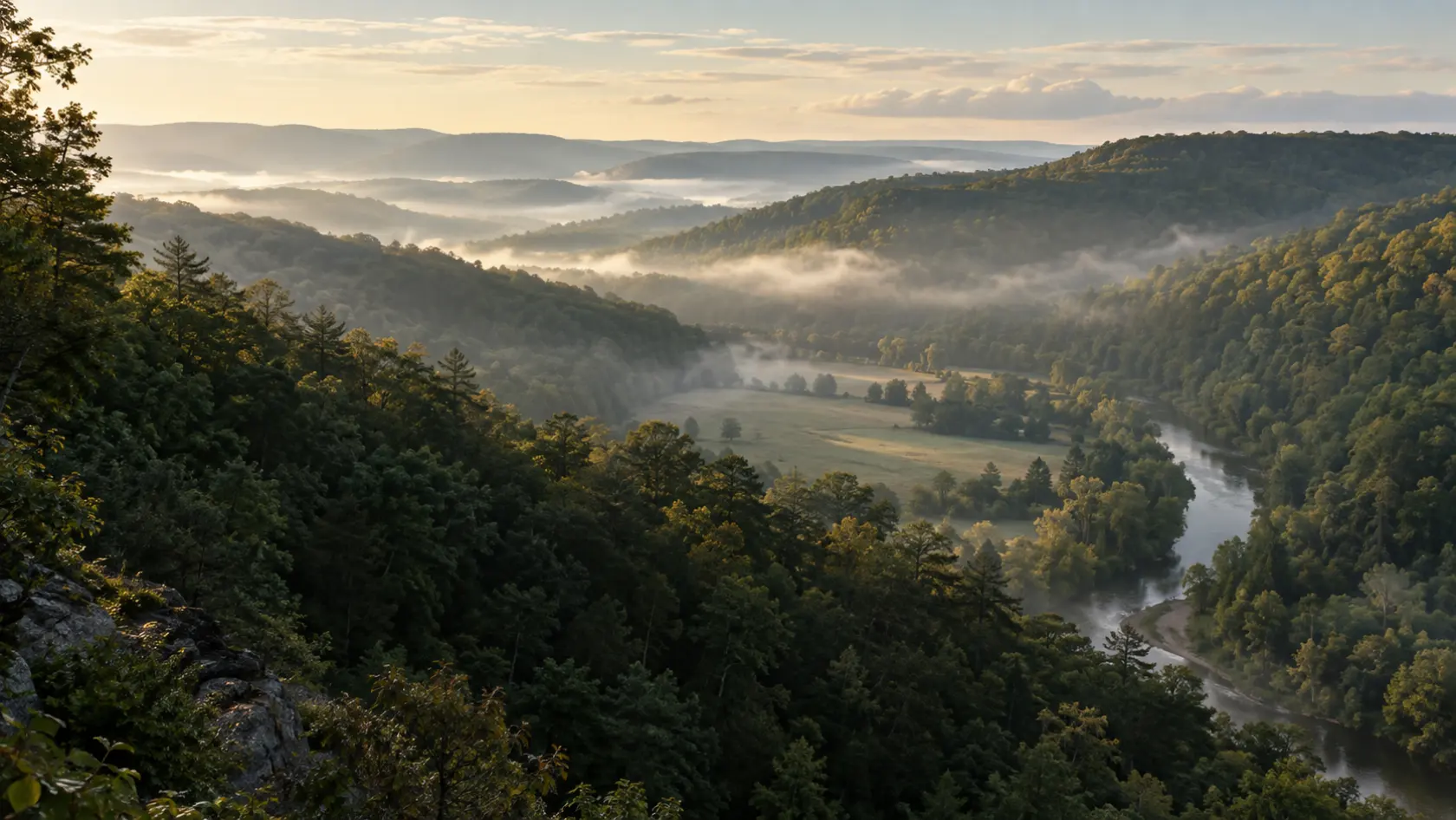 Morning mist settles between wooded ridges above a winding river.