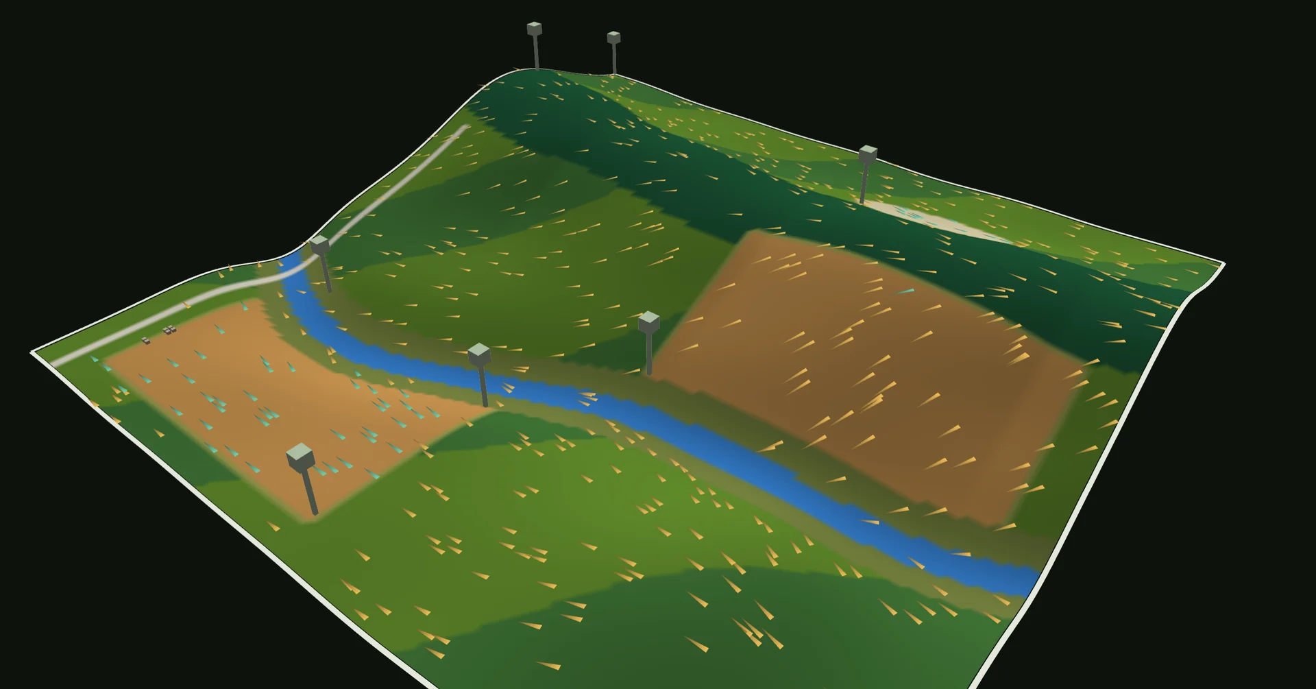 Scout’s 3-D view of a generated sample landscape: a timbered ridge above a winding creek and two crop fields, posts marking modeled Scout leads, and short orange and teal streaks showing modeled thermal tendency.