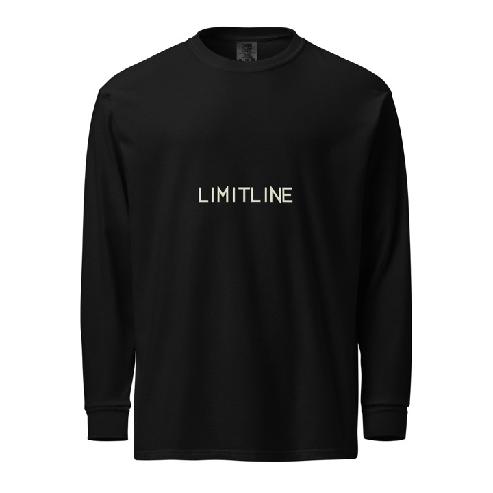 Black garment-dyed heavyweight long-sleeve shirt with a light LimitLine wordmark printed across the chest.
