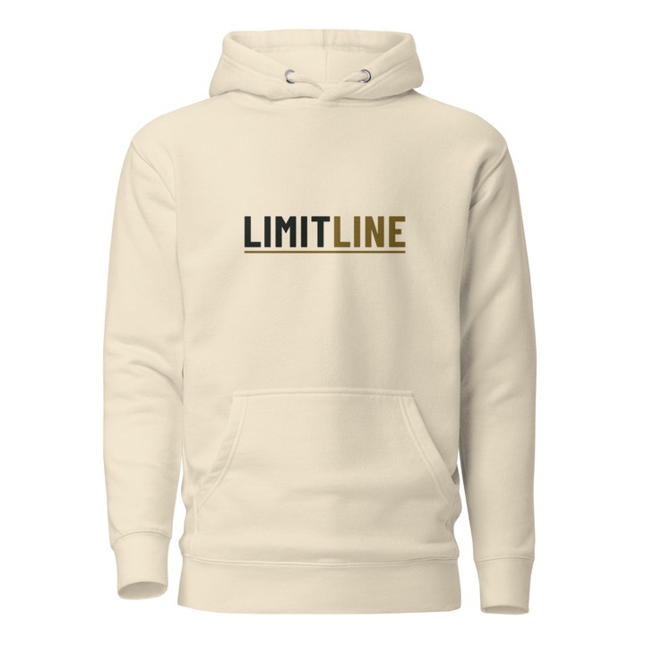 Bone premium pullover hoodie with a dark LimitLine wordmark printed across the chest.